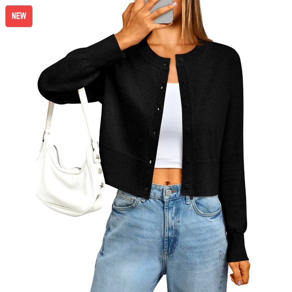 Cropped Lightweight Cardigan Sweater, Crew Neck, Long Sleeve, Button Front